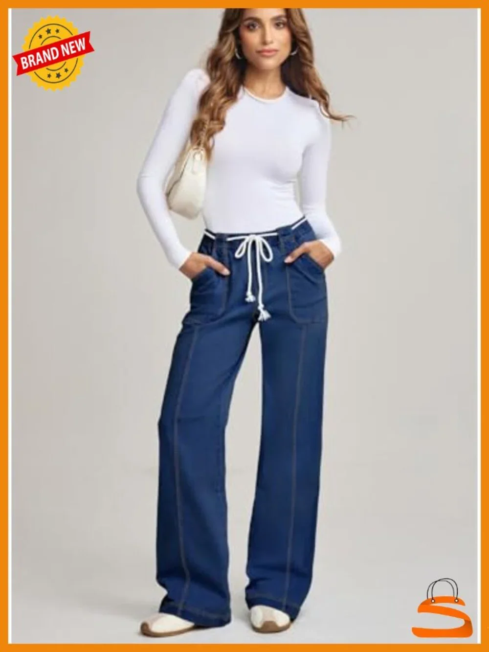 Wide Leg High Waisted Drawstring Straight Leg Jeans with Pockets